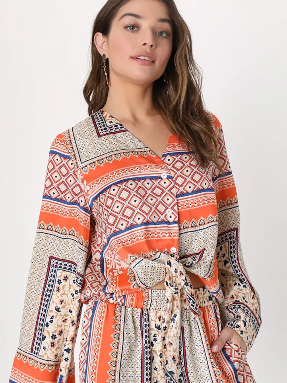 Mediterranean Print Satin Button Up top with tie